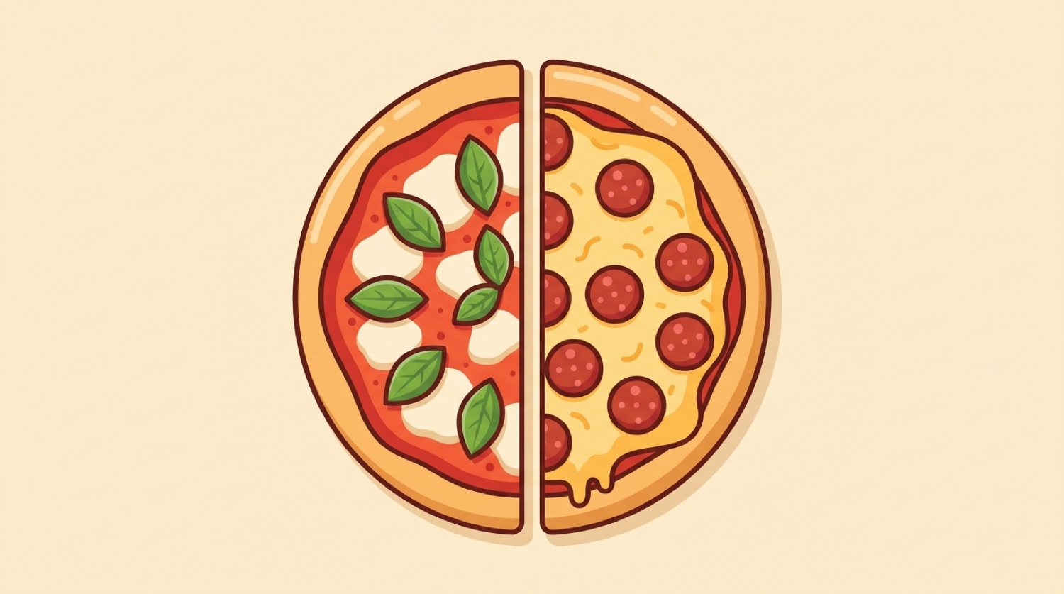 A pizza split into two different halves