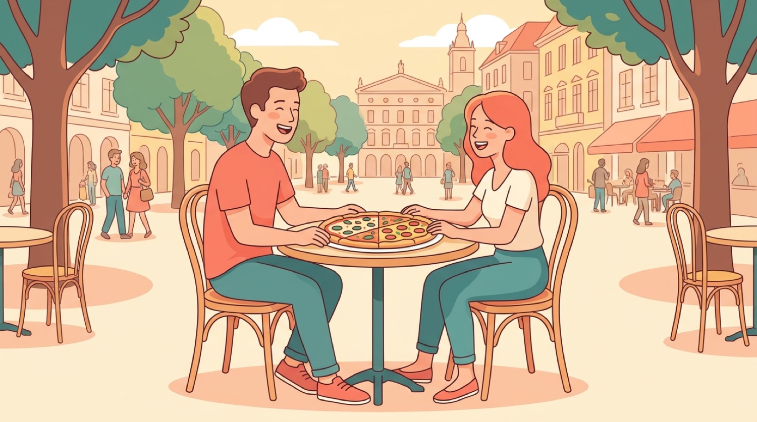 Two people sharing a half-and-half pizza at a sunny public table